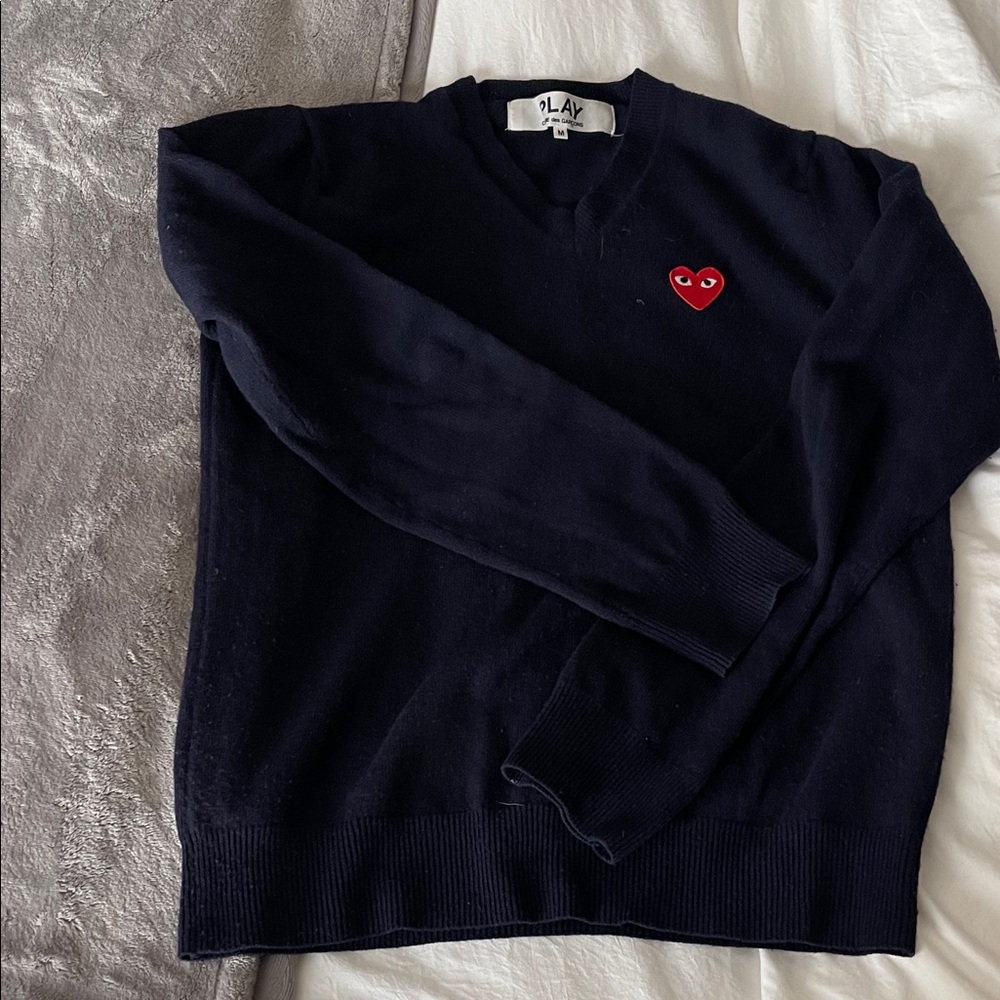 Comme des Garcons Navy V-Neck Sweater with Red Heart Logo